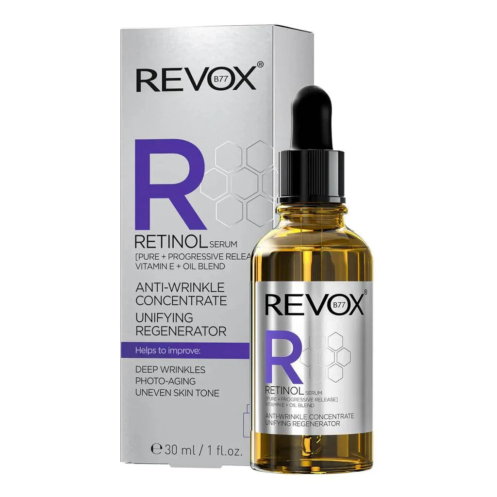 Revox Sérum Unifiant Régénérateur Retinol 30mL - Saldi Straordinari – Offerte Speciali Disponibili Adesso REVOX RETINOL Serum Unifying Regenerator An ultra-light solution enriched  with Vitamin A to reduce the signs of aging. REVOX B77 RETINOL SERUM  Contains Vitamin A (Retinol), Blend of