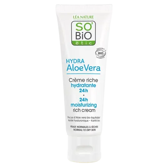 SOBIO Crème riche hydratante 24 H Aloé vera Bio 50 ml - E-shop mondial – Produits durables, modernes et accessibles partout Baume-gel 24h hydratation fraîcheur - hydra aloe vera - So'bio étic