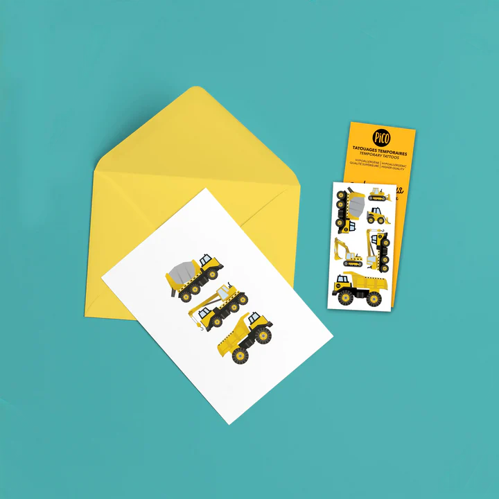 Pico Tatouage - Carte de Souhait - Camions||Pico Tatouage - Wish Card - Trucks - Boutique Bébé en Ligne : Soins, Jouets et Articles Maison PICO | TATOO | Fées douces | temporaire\amusant | jouets pour enfants |  kido bebe